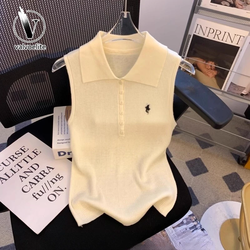 VALVOELITE杏色小马刺绣v领背心女夏季韩版显瘦Polo衫无袖上衣