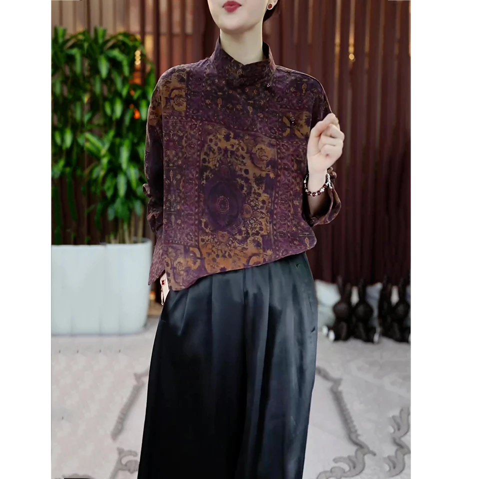 文艺复古印花上衣女2025春秋新款民族风立领小衫宽松显瘦气质衬衣