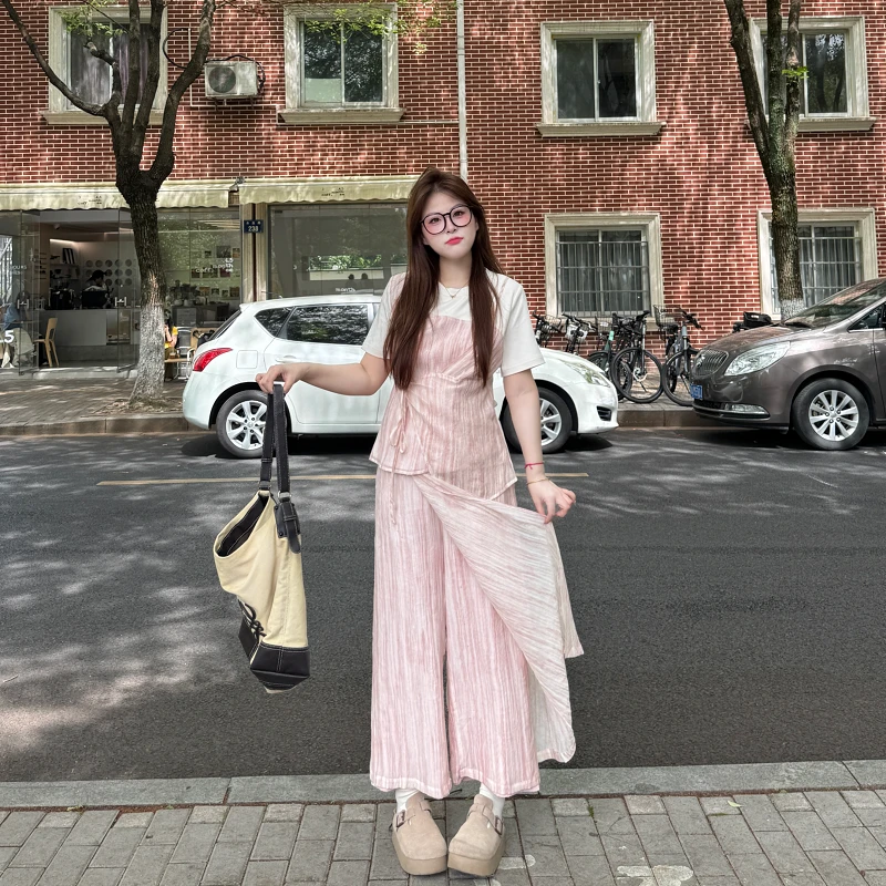 盈盈&南岛风大码女装撞色上衣夏季宽松胖mm遮肉裙裤套装ZYY1755