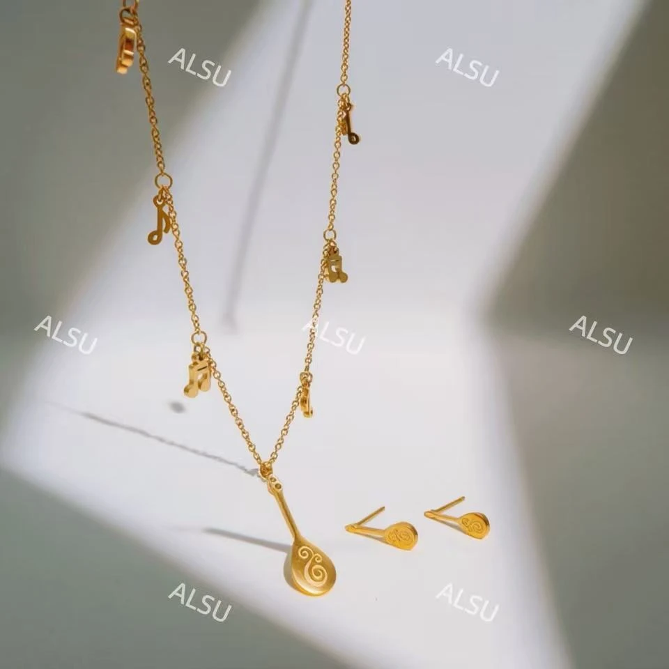 合金项链 ALSU原创经典民族风迷你冬不拉项链耳钉两件套时尚轻奢