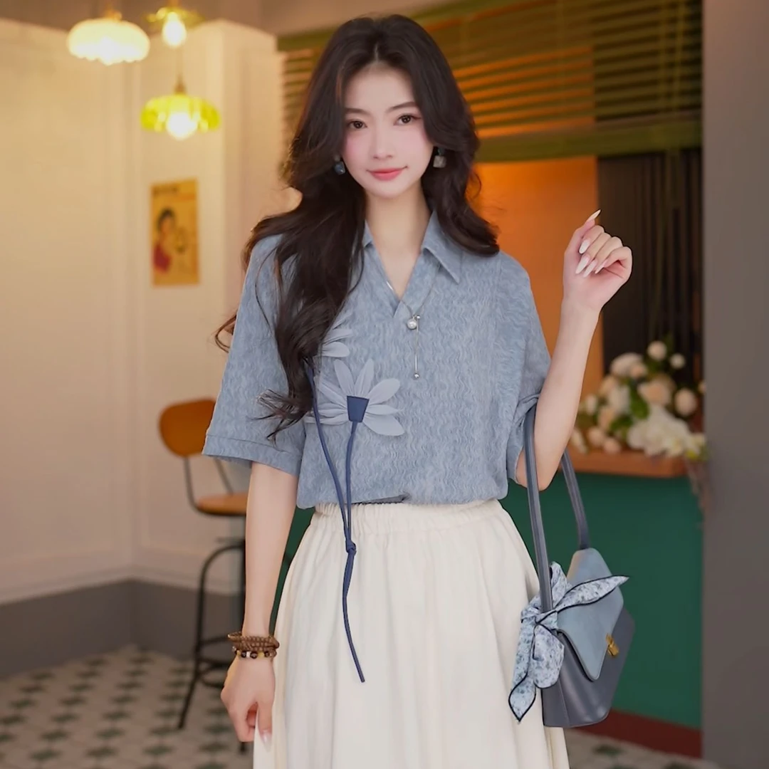 丁佳欣【海浪】波浪褶拼接短袖衬衫女宽松休闲上衣DS1113314