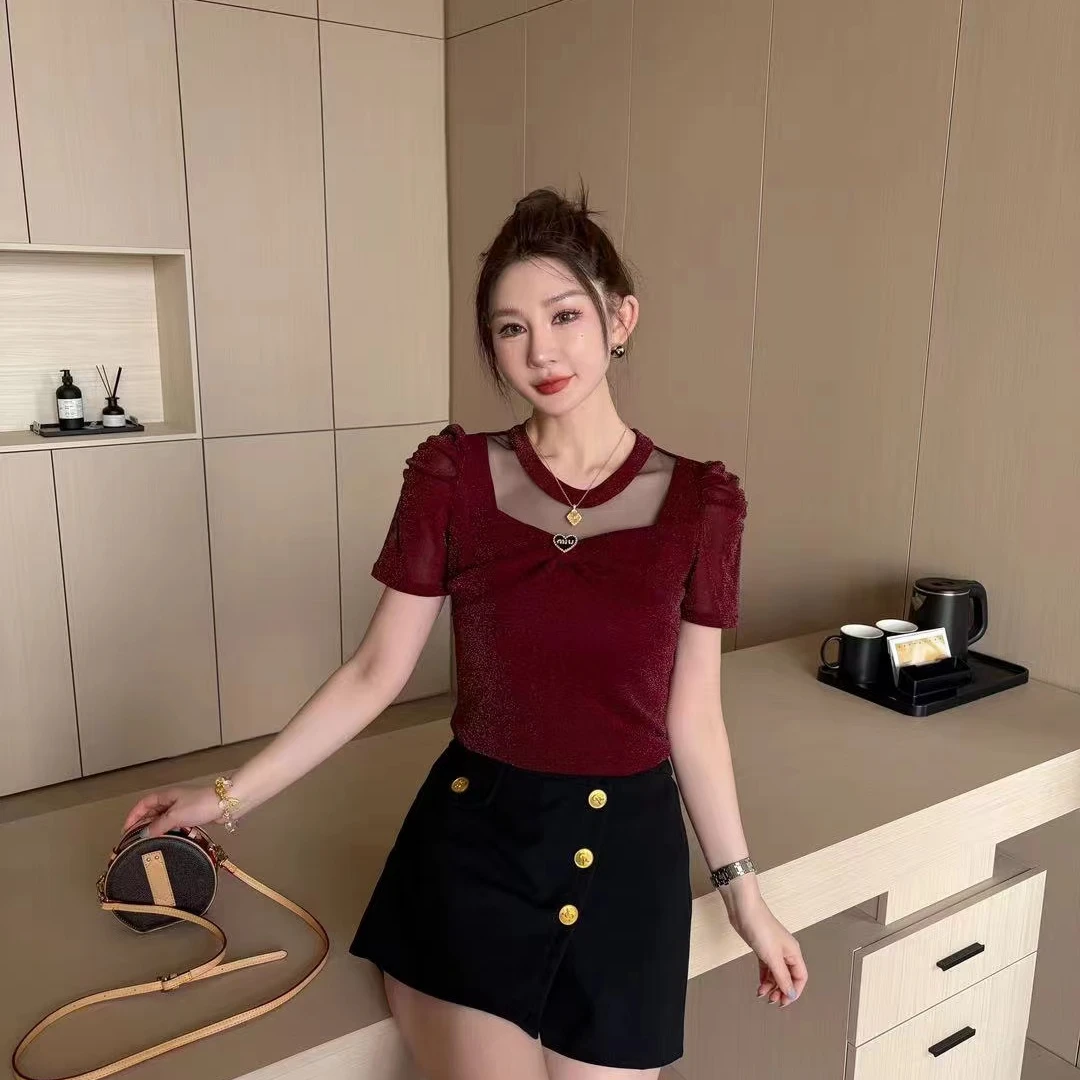 夏季镶钻镂空气质常规T恤时尚修身显瘦小众百搭短袖拼接设计感