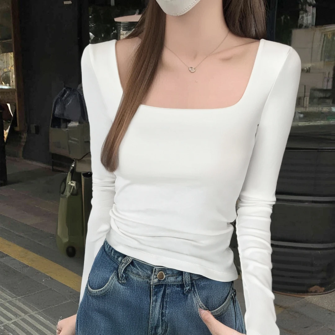 长袖打底衫t恤女内搭白色方领早秋冬季2025新款修身显瘦上衣外穿