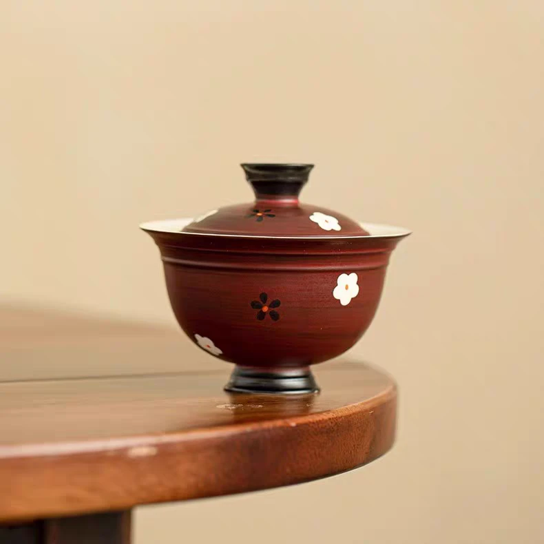 粉引手绘朱樱红盖碗功夫茶具泡茶碗高脚二才釉下彩家用复古陶瓷
