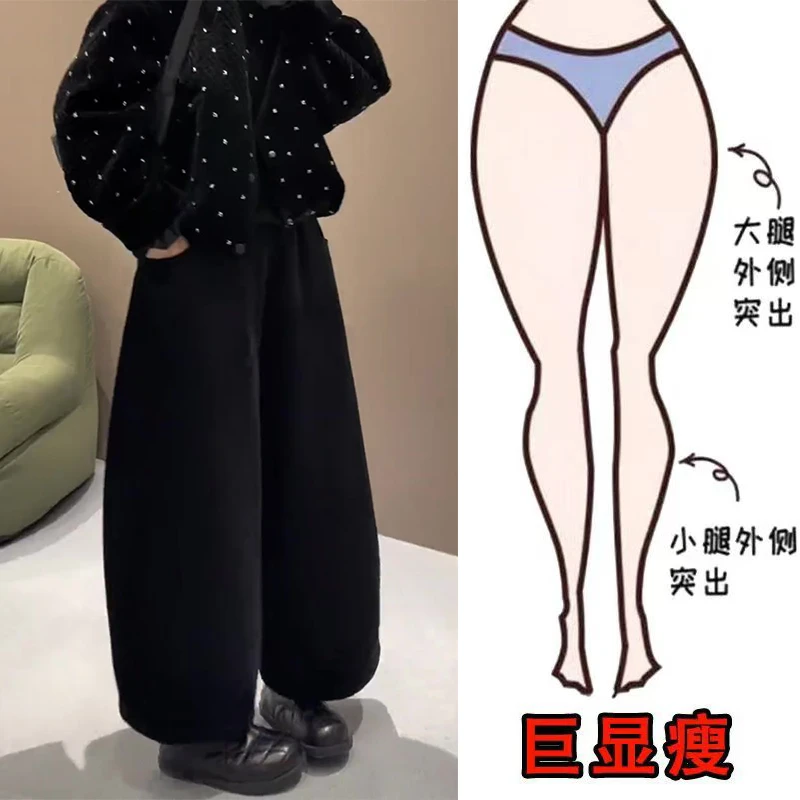 冬季新款欧韩时尚休闲松紧带加绒设计简约风显瘦高腰九分阔腿裤