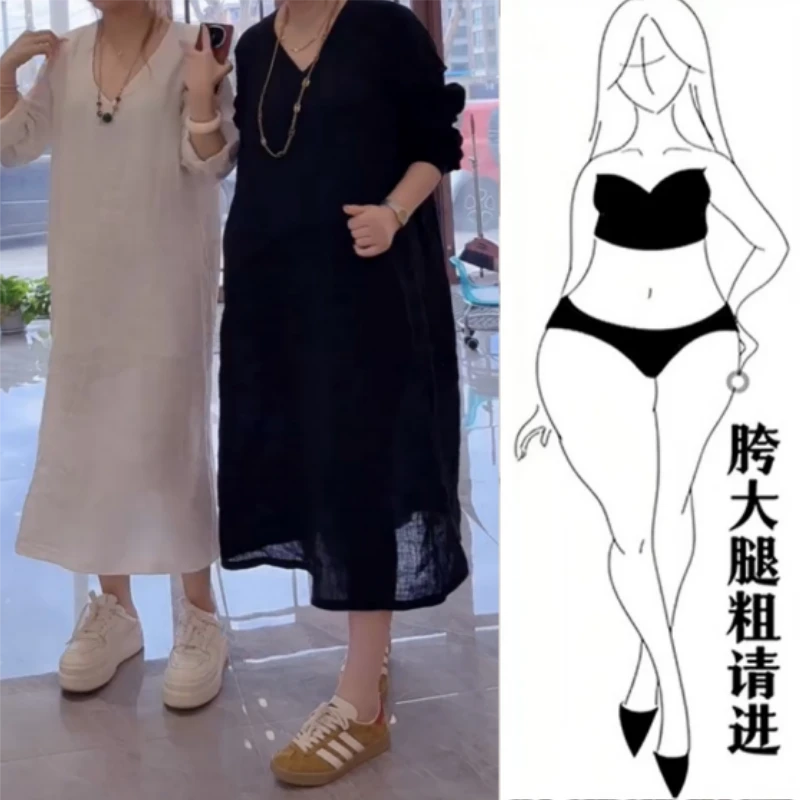 夏季新款大码胖mm梨型身材V领宽松显瘦时尚长袖宽松A版亚麻连衣裙