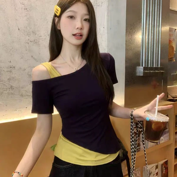 YANPING/燕苹新款韩版撞色露肩修身性感拼接显瘦假两件T恤CX2535