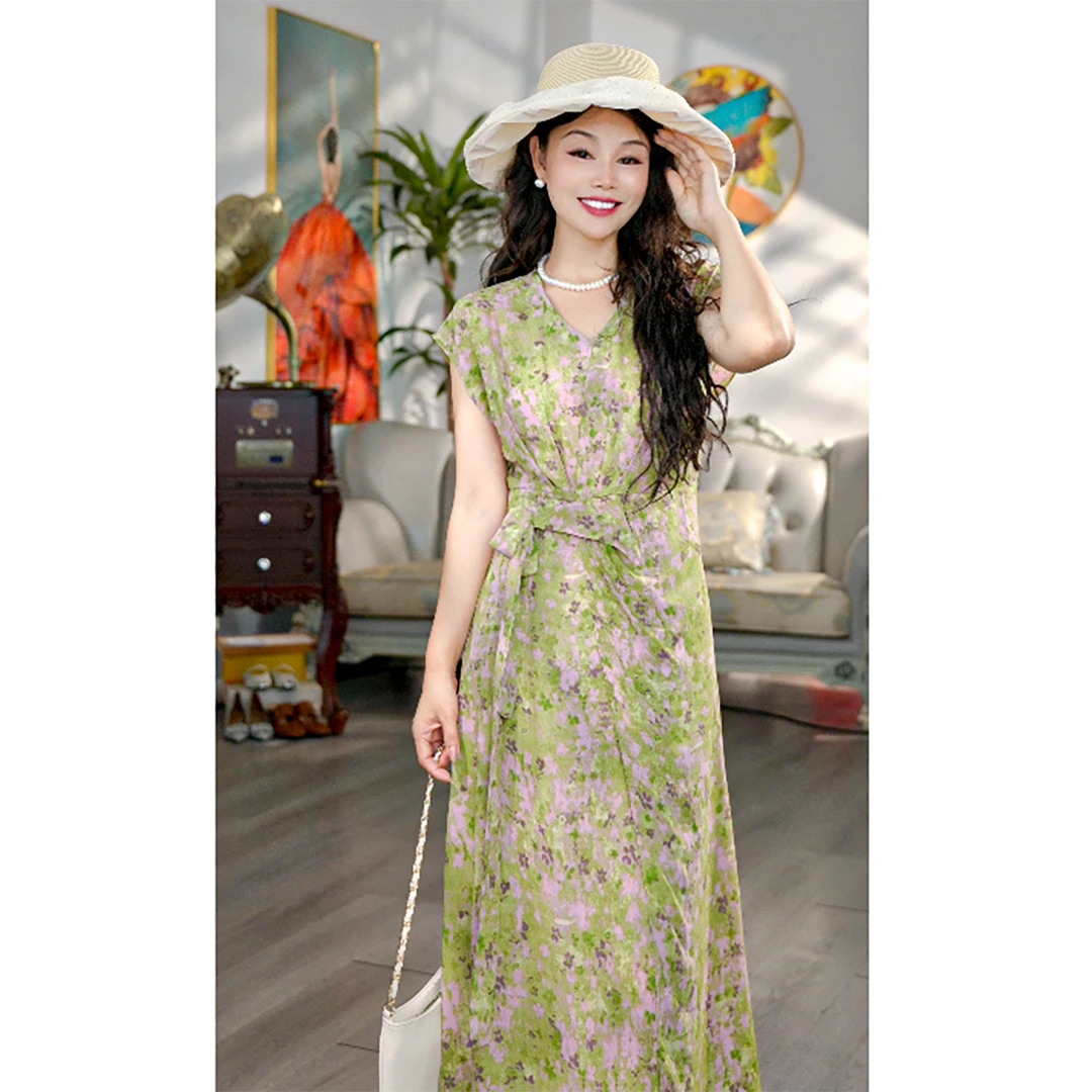 无印心匠B068 气质碎花长裙收腰修身连衣裙中腰夏季K1631