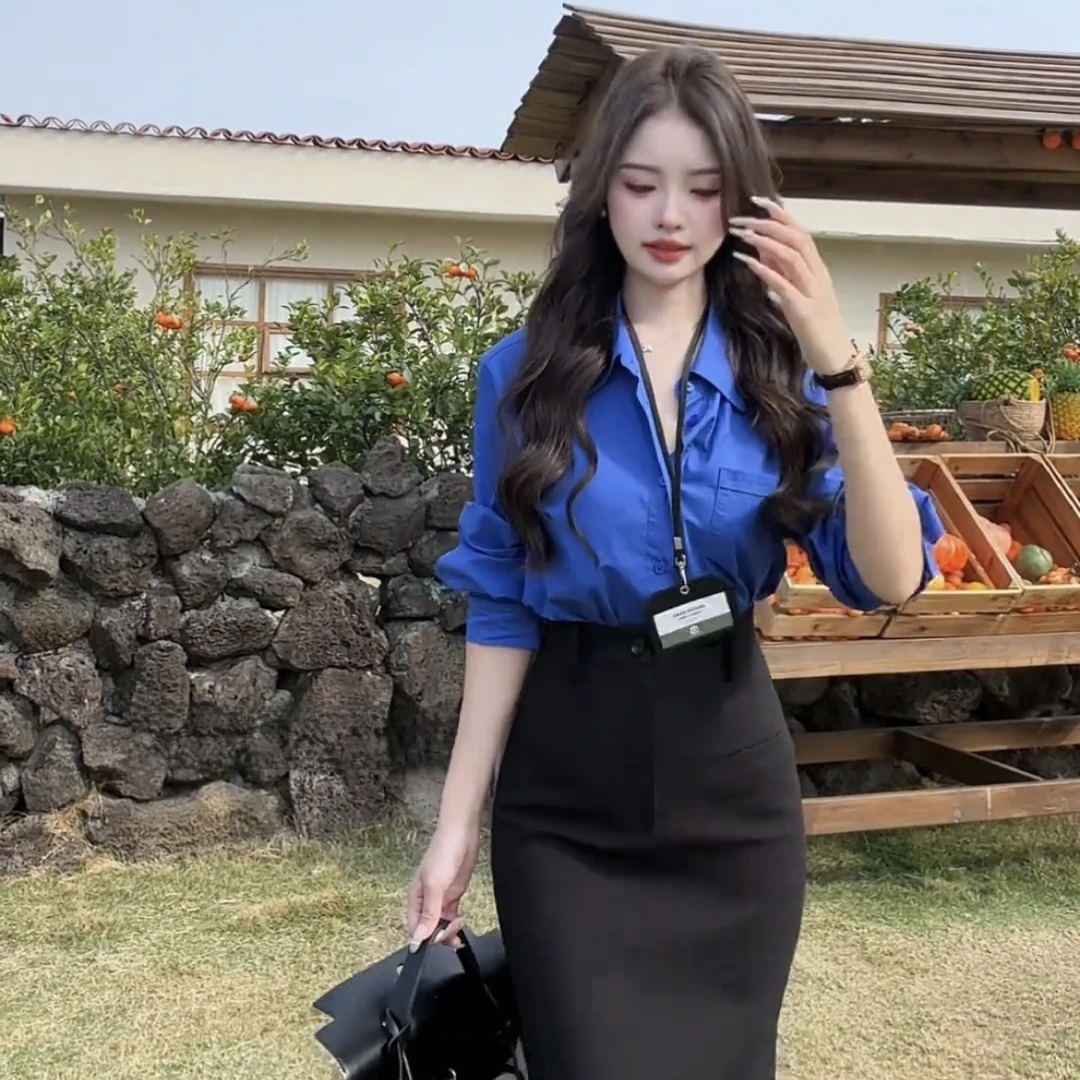 韩版简约polo领蓝色衬衫女春季气质宽松克莱因衬衣高腰半身裙套装