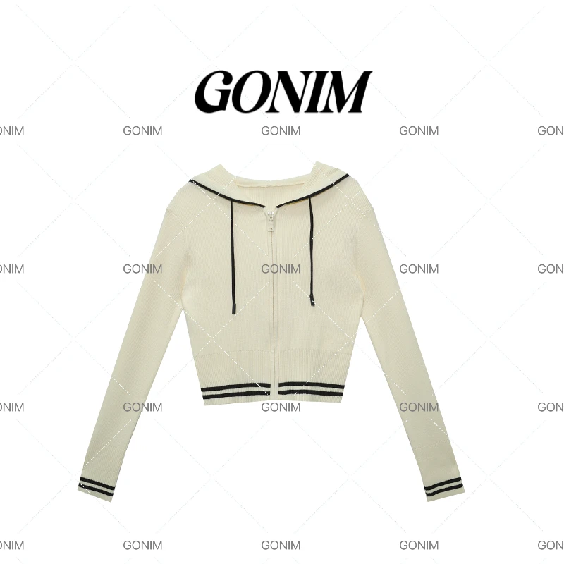 Gonim· "空椰少女”2025春季学院撞色减龄连帽上衣短款针织开衫女