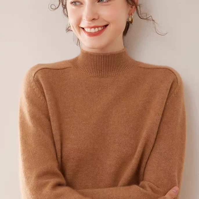 秋冬半高领羊绒衫女士针织双股加厚纯色百搭毛衣打底羊毛衫女