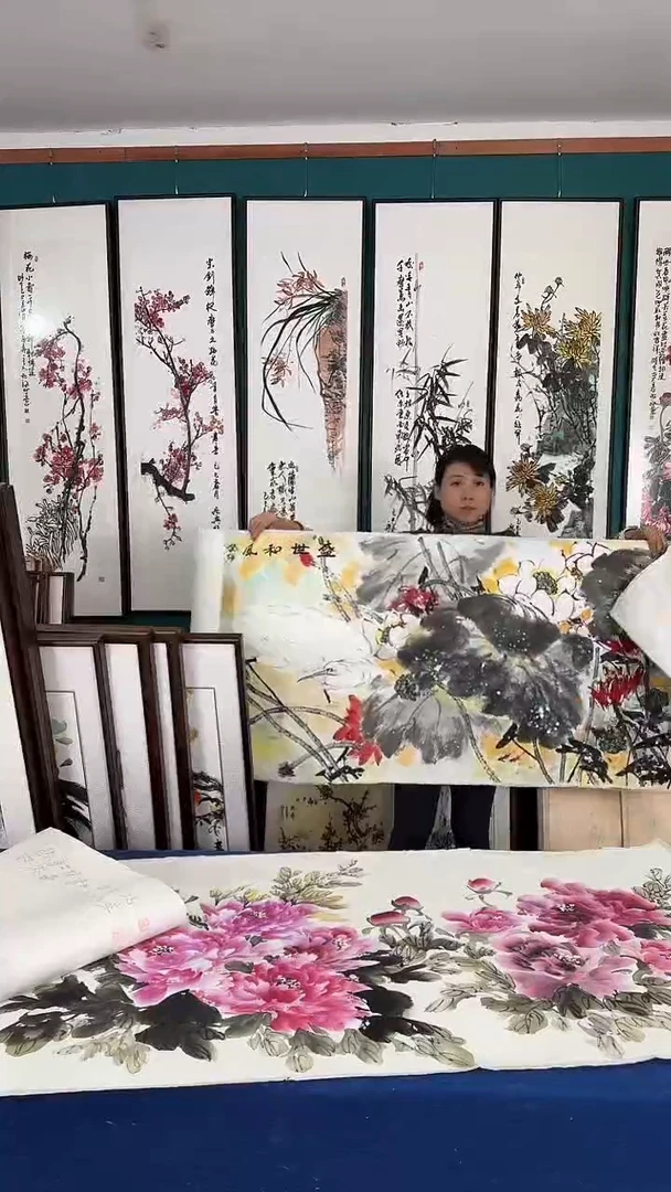 国画一鹭莲升实木装裱80*210