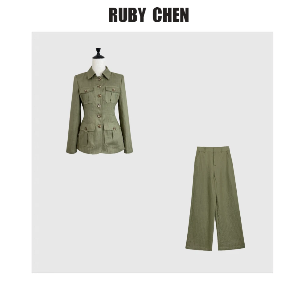 “丛林秘境”老钱风磨砂感干练衬衫套装＋直筒裤两件套女