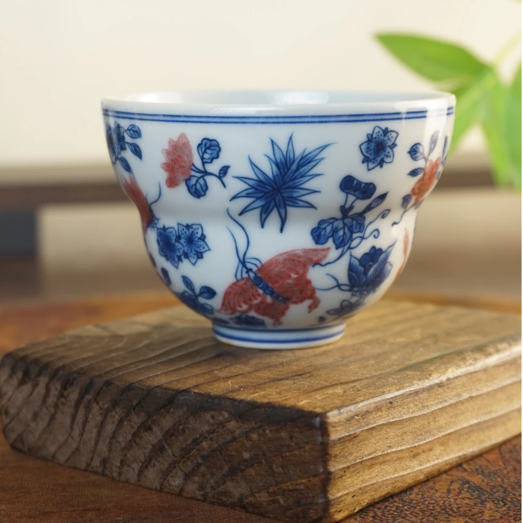 臻玉古坊青花原矿釉里红蝶恋花折腰杯主人杯纯手工手绘葫芦杯茶杯