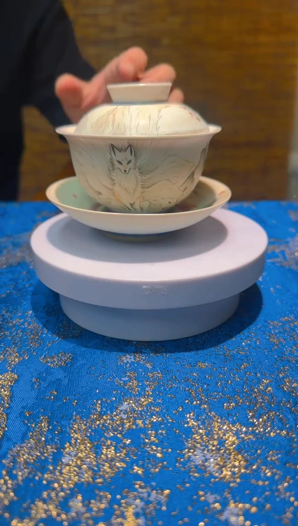 纯手绘九尾狐山海经三才盖碗茶器
