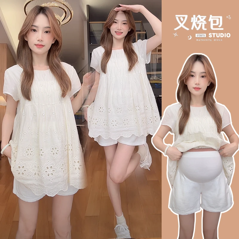 2025年新款孕妇夏装新款小清新减龄娃娃衫上衣+休闲短裤两件套