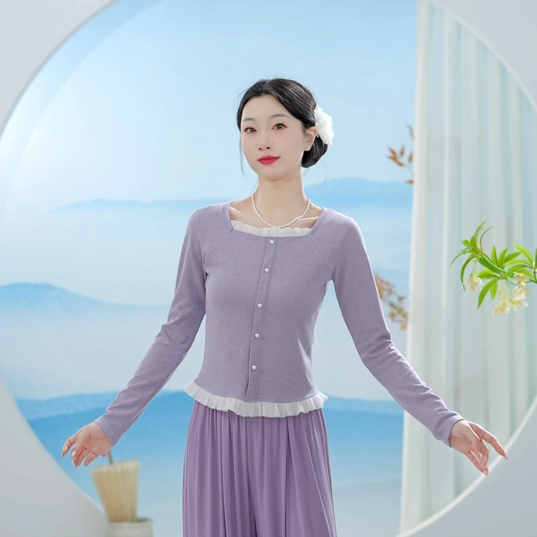 3510 D舞蹈练功服古典舞服装花边拼接方领上衣成人女显瘦形体新款