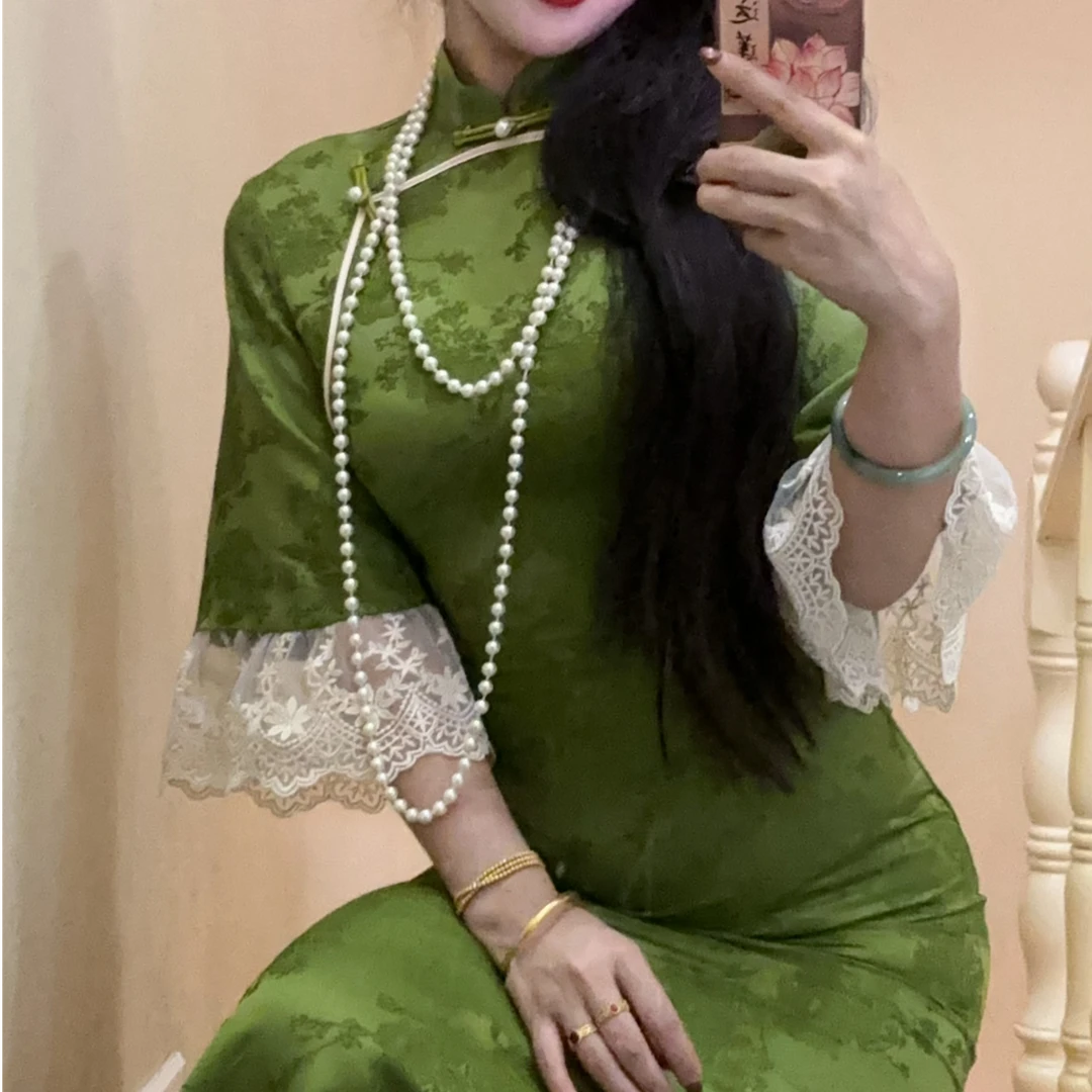 LHMknk1画报夫人原创自制新中式国风蕾旗袍连衣裙 美人焦