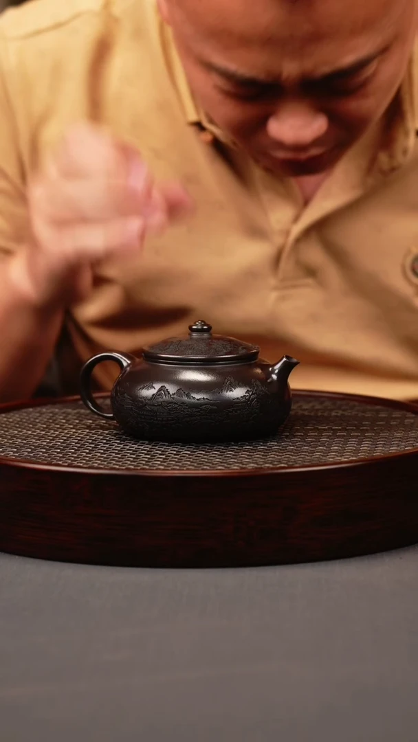 茶壶紫砂石黄 寒江 刻绘