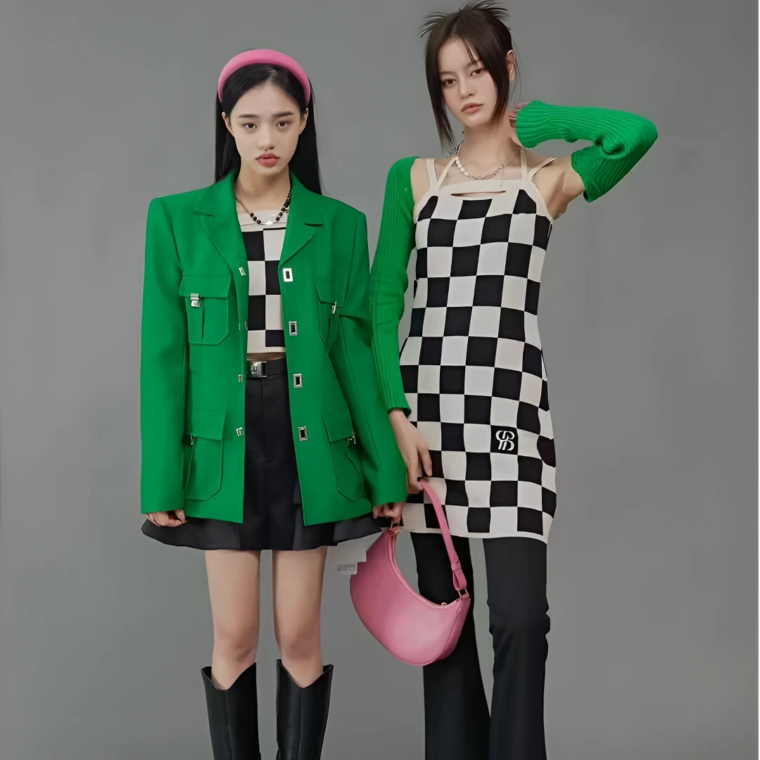 时尚格纹吊带裙（不含配饰）-0334