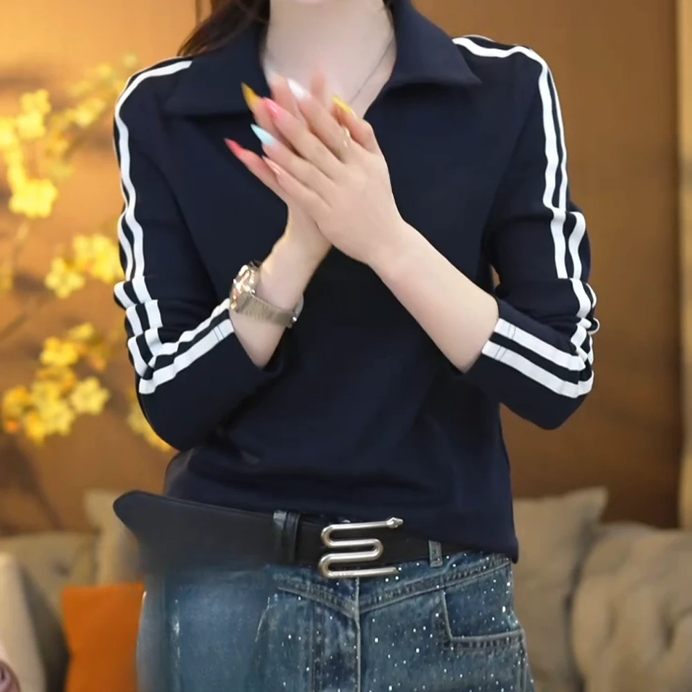 2025春季新款高级感洋气时尚条纹v领打底衫T恤设计师款上衣