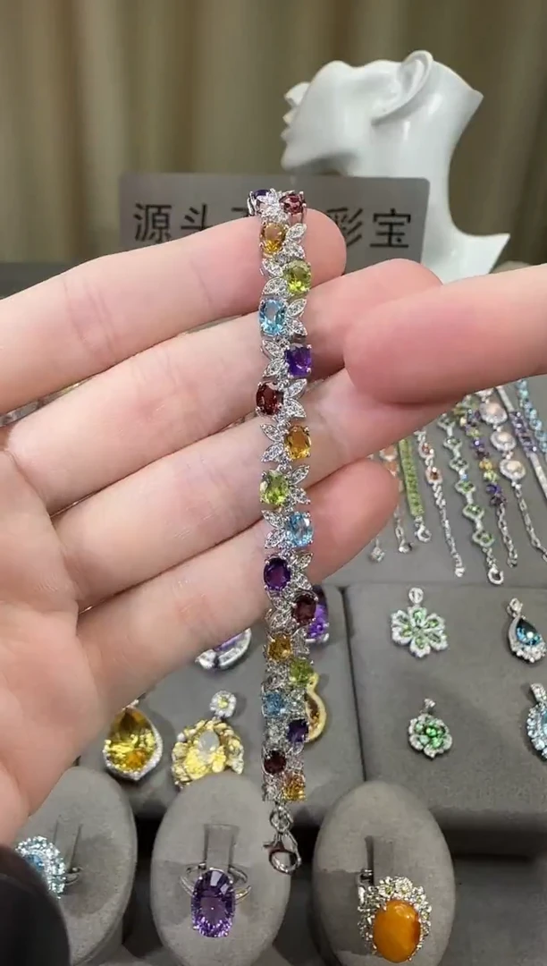 银S925镶嵌手链水晶7mm石榴高级款多彩宝