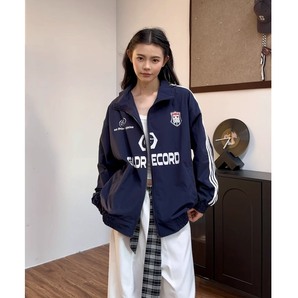 QIUYIDAODI国潮高级感痞帅炸街美式三条杠长袖运动夹克外套男女