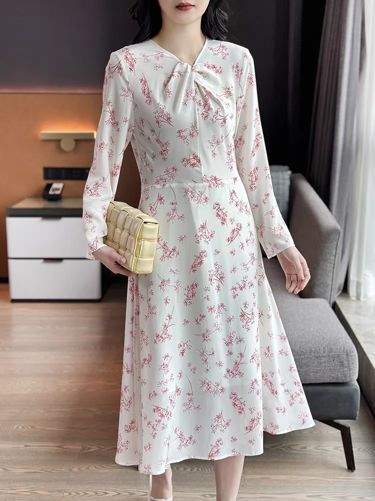 夏季法式粉色印花V领显瘦高级感真丝桑蚕丝连衣裙-JD01241