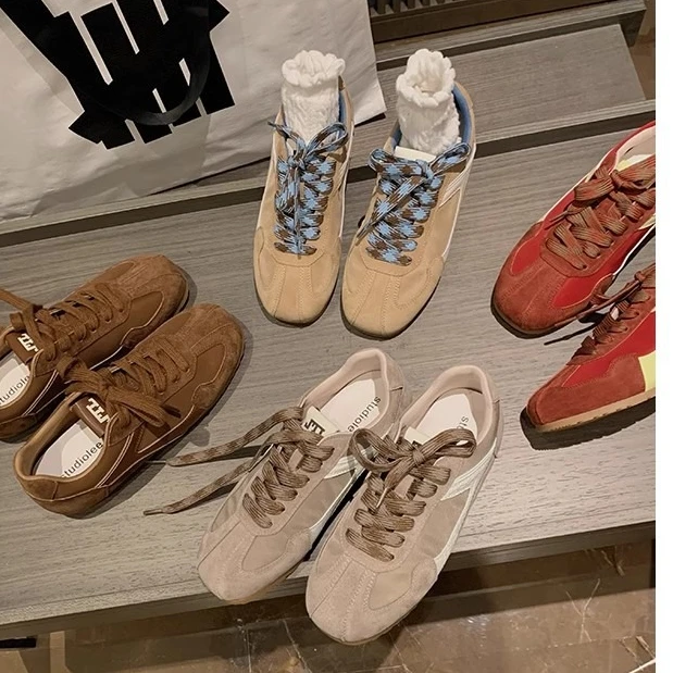 时髦复古撞色阿甘德训鞋女秋冬真皮经典圆方头百搭休闲运动鞋ins