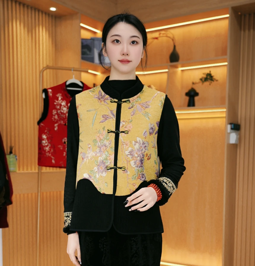 074/新中式国风气质马甲时尚复古提花背心盘口