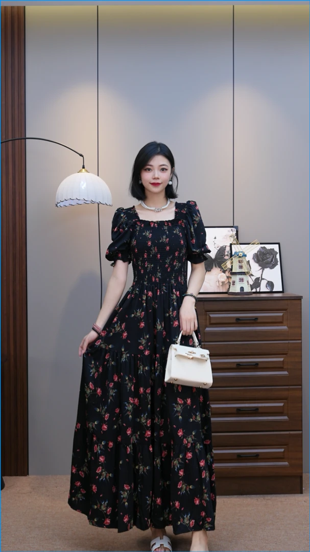 【897】新款气质显瘦收腰泡泡袖一字肩印花碎花连衣裙碎花裙连衣裙