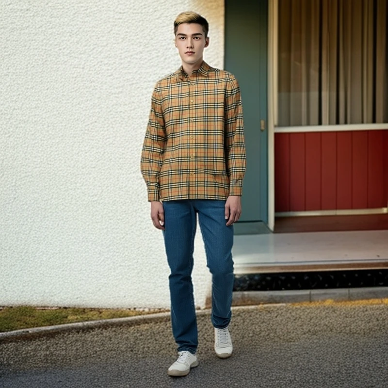 99新 BURBERRY/博柏利 11700542 经典格纹翻领衬衫 卡其色 S码