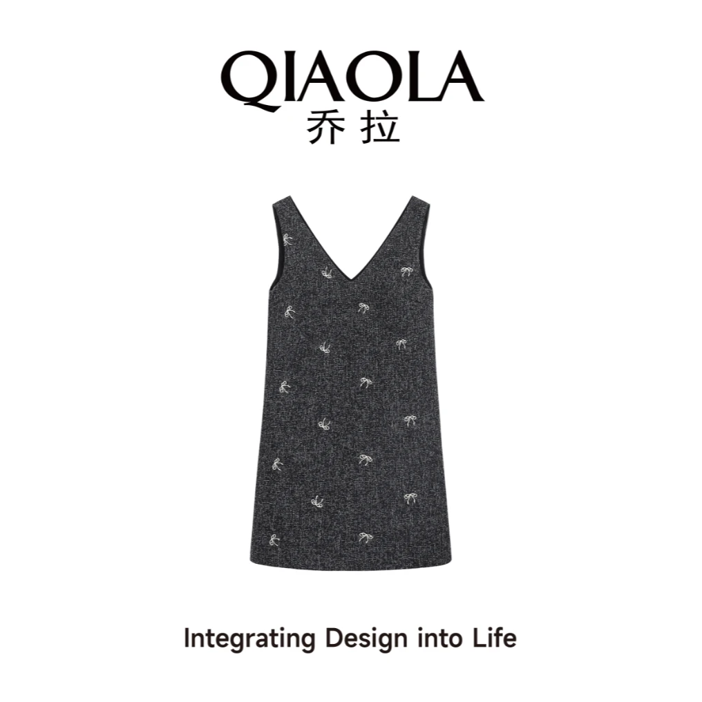 QIAOLA/乔拉【蝴蝶奏曲】秋季小香风蝴蝶结绣花V领背心连衣裙预售