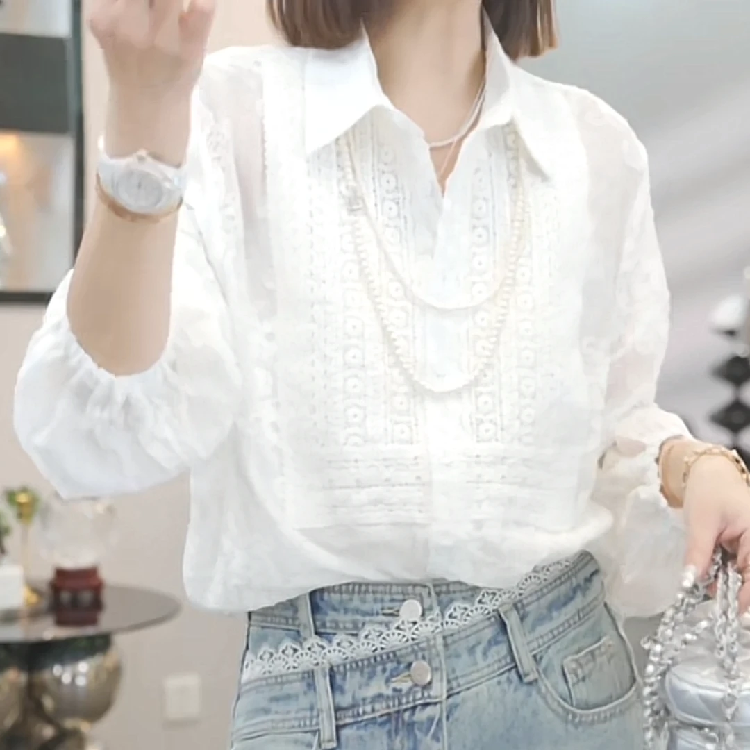 设计感蕾丝刺绣polo领衬衫女2025早春新款时尚休闲气质轻奢衬衣