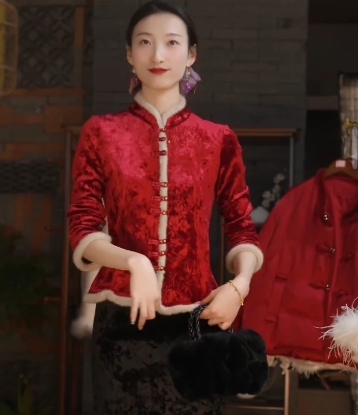 【暮莺】冬季加绒加厚保暖打底上衣新中式国风立领毛毛长袖T恤衫女