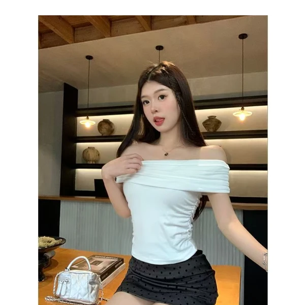 别致夏季时尚套头设计辣妹上衣一字肩修身露肩短袖女显瘦内搭打底