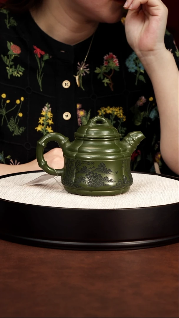 茶壶紫砂宜兴紫砂 竹鼎壶 民国绿泥 范传梅 300cc 145