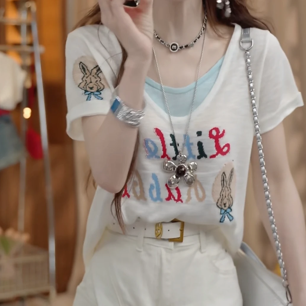 时尚假两件字母兔子V领短袖T恤女2025新款夏季可爱减龄休闲上衣