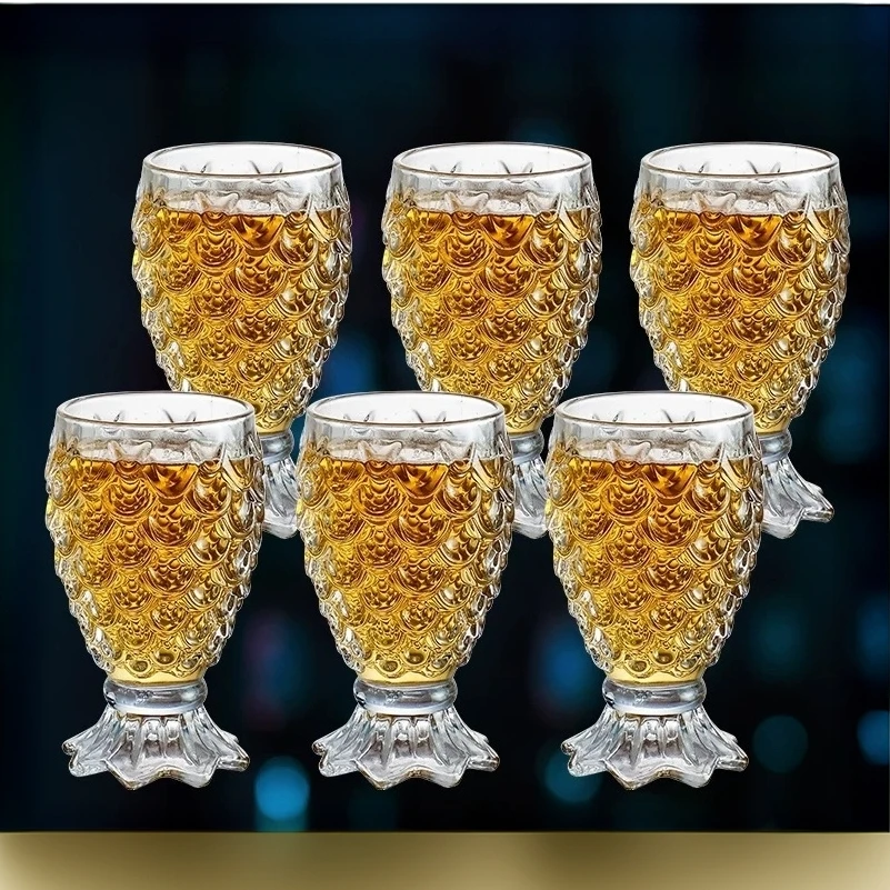 【6只装】鱼鳞杯小鱼美人鱼透明玻璃杯家用水杯浮雕玻璃杯果汁杯子
