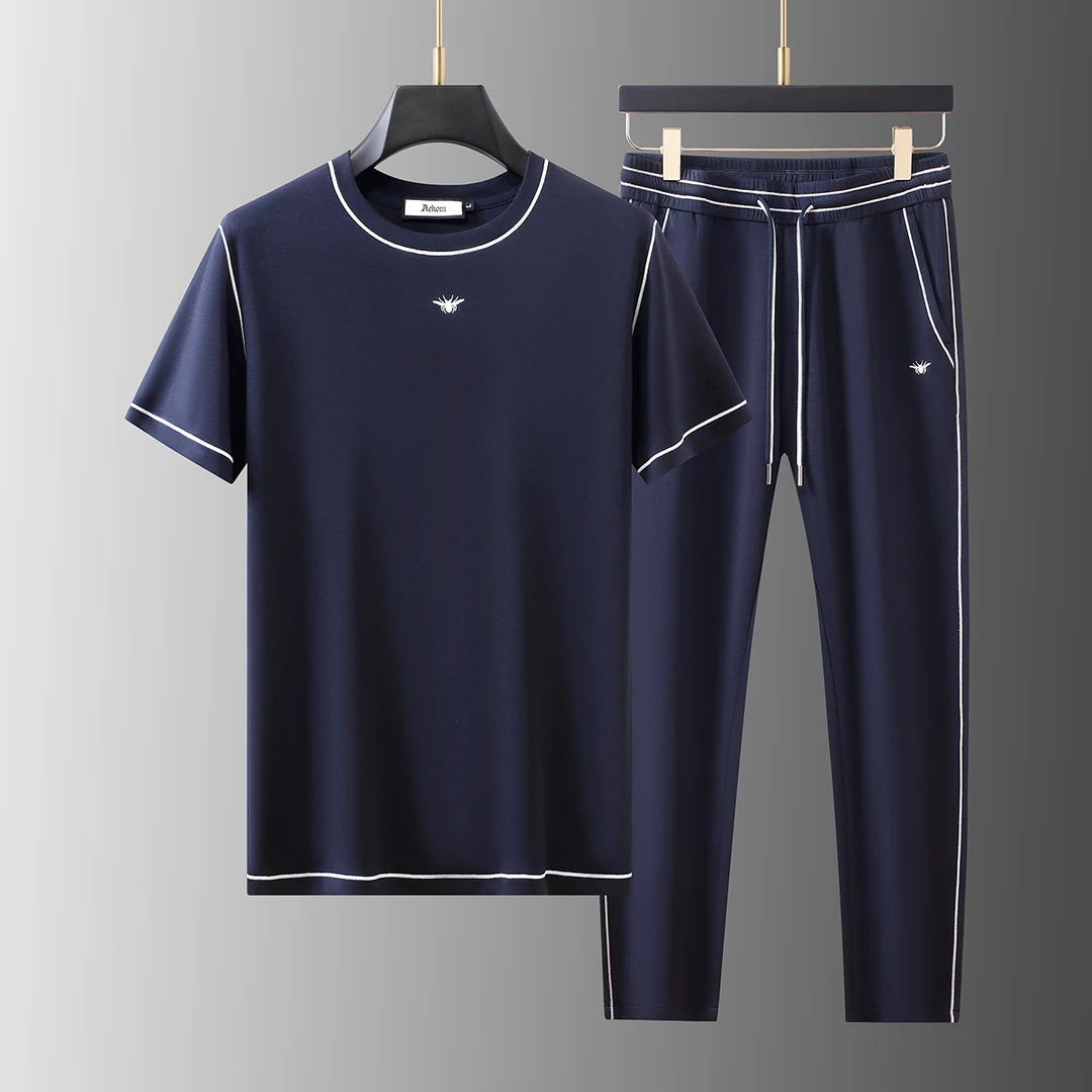 爆款新款夏季圆领短袖t恤男士休闲套装男款时尚运动修身衣服男装