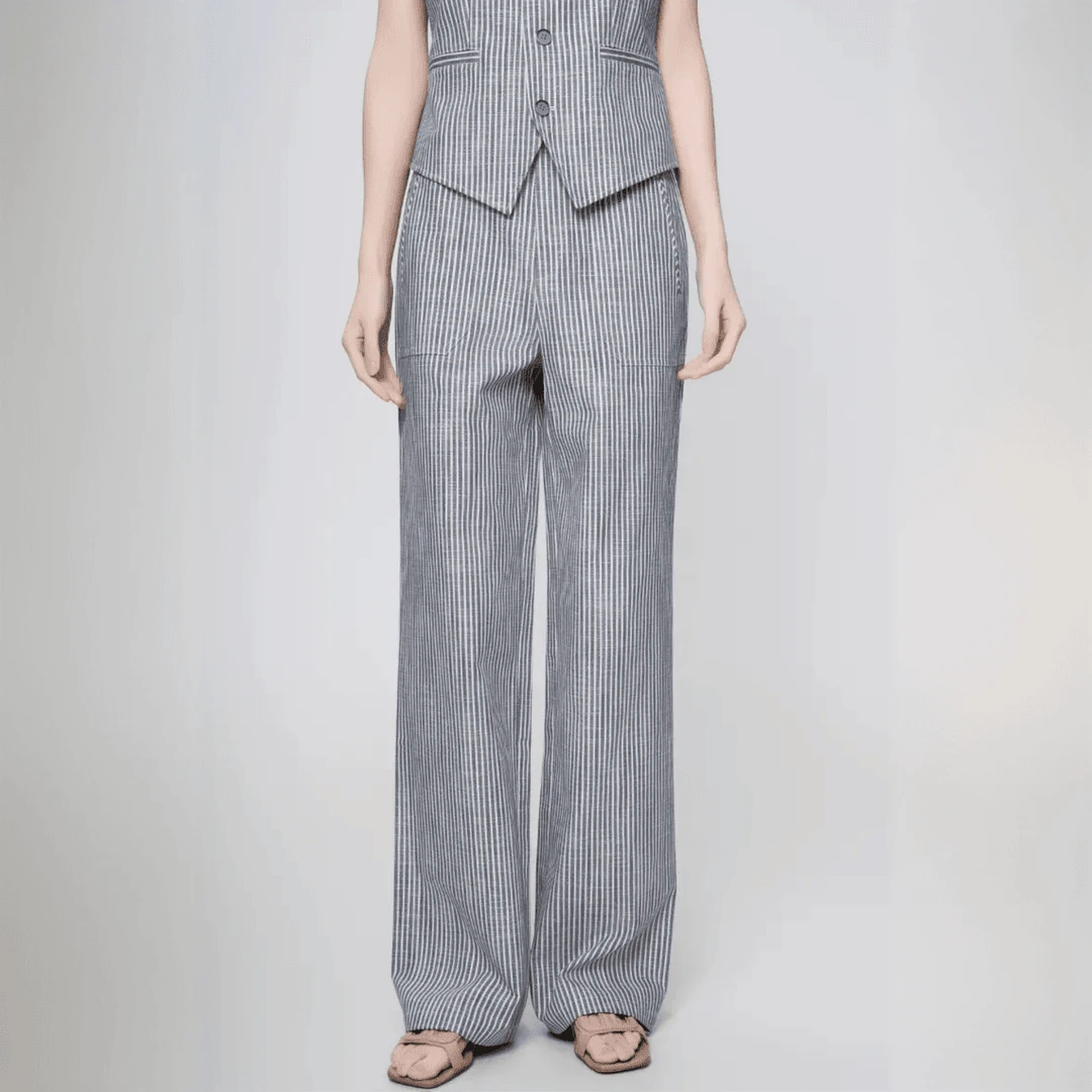 AMASS/阿玛施春夏新款复古英伦风条纹百搭时尚休阿玛施风花苞长裤