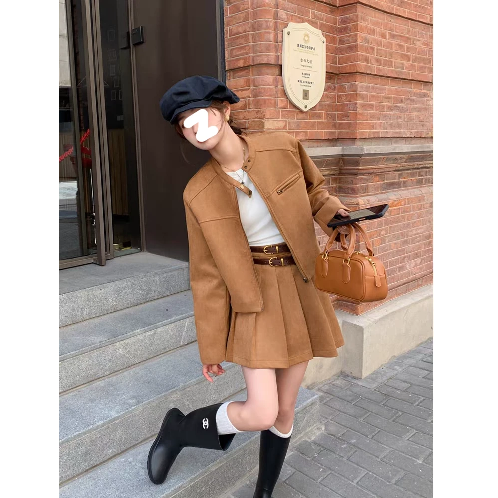 高级感时尚套装女2025新款秋季美拉德穿搭一整套盐系百褶裙两件套