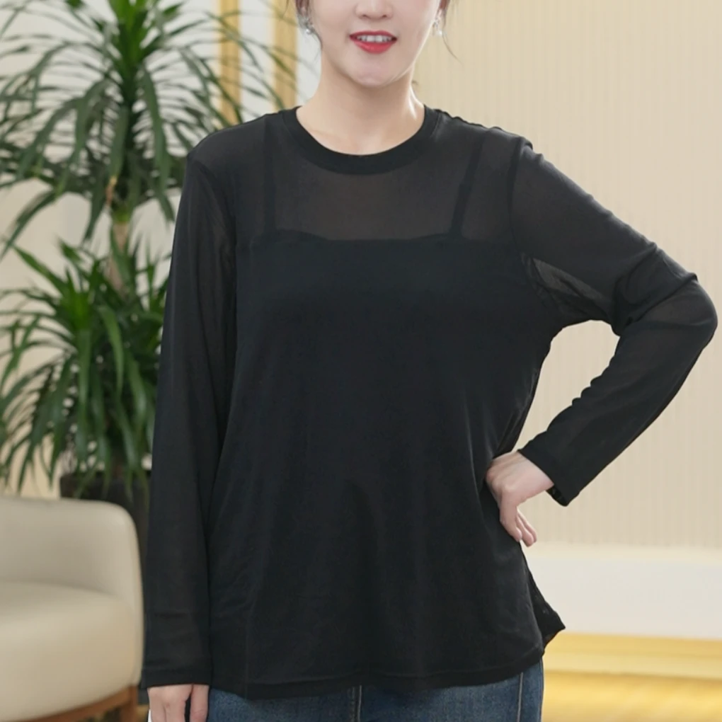 【拒绝走光】超高弹力美国网T恤女大码进口亲肤网纱秋季打底衫上衣