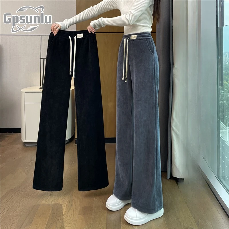 gpsunlu大码显瘦阔腿裤女秋季新款加绒加厚女士高腰显瘦喇叭裤