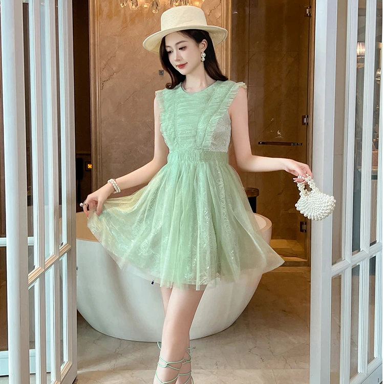 2025夏季新款女小清新气质飞飞袖收腰公主裙绿色显瘦连衣裙21366