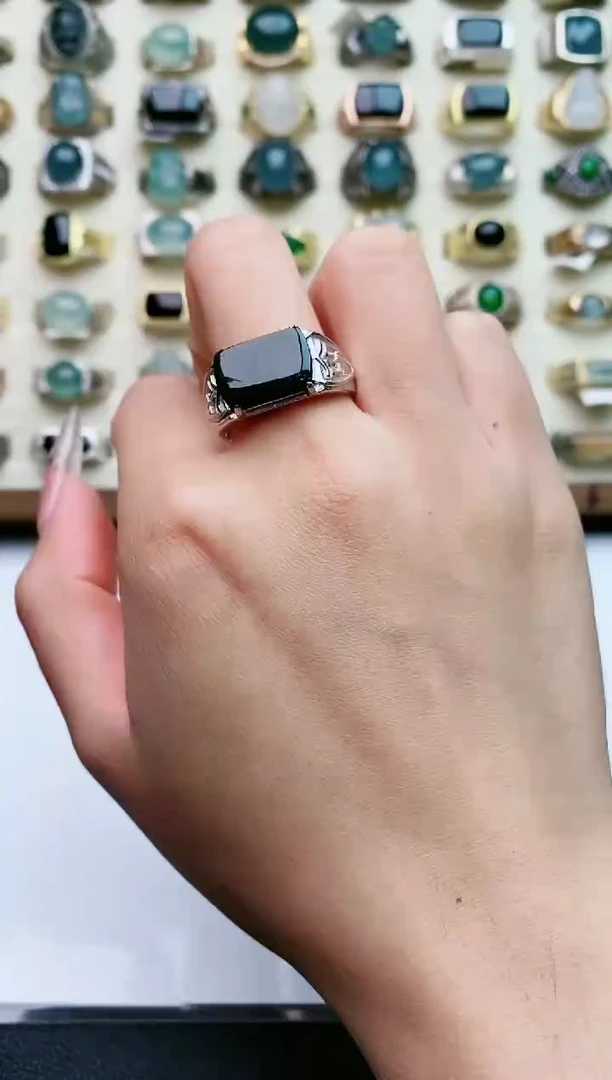 翡翠戒指银S925镶嵌天然翡翠男戒