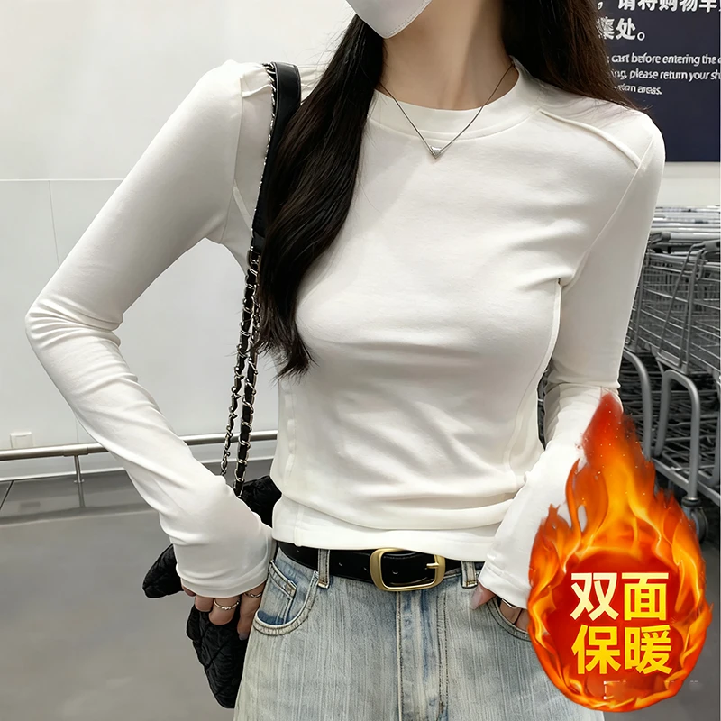 新款白色德绒鱼骨长袖t恤女秋冬修身打底衫内搭显瘦保暖加厚上衣