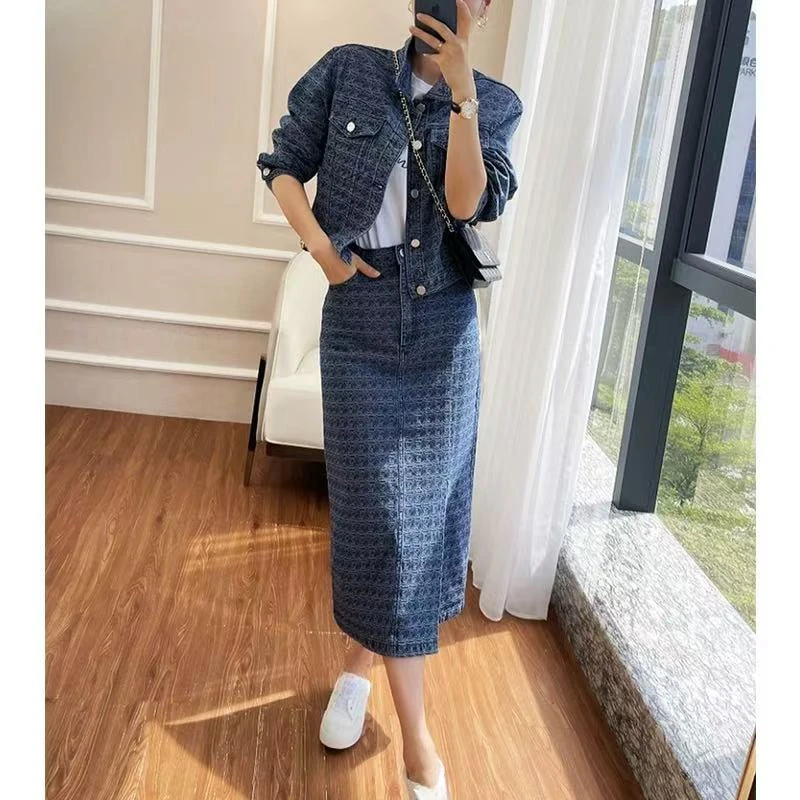 提花复古开叉设计牛仔半身裙5108