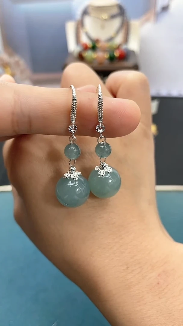 翡翠银S925镶嵌耳饰14mm蓝水双珠