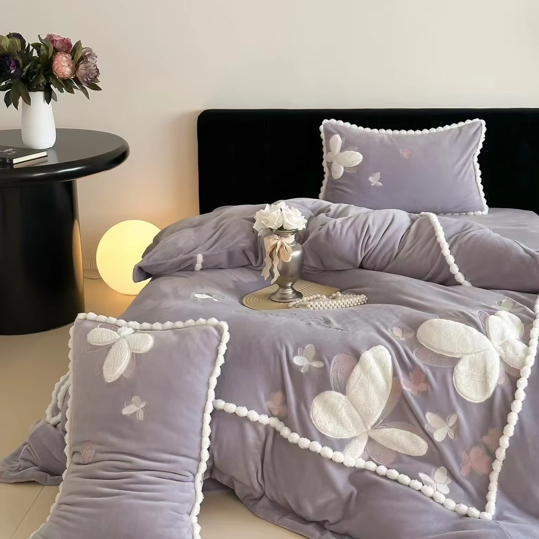 法式超暖暖全消光毛球球刺绣工艺款牛奶绒四件套 ML美蒂斯